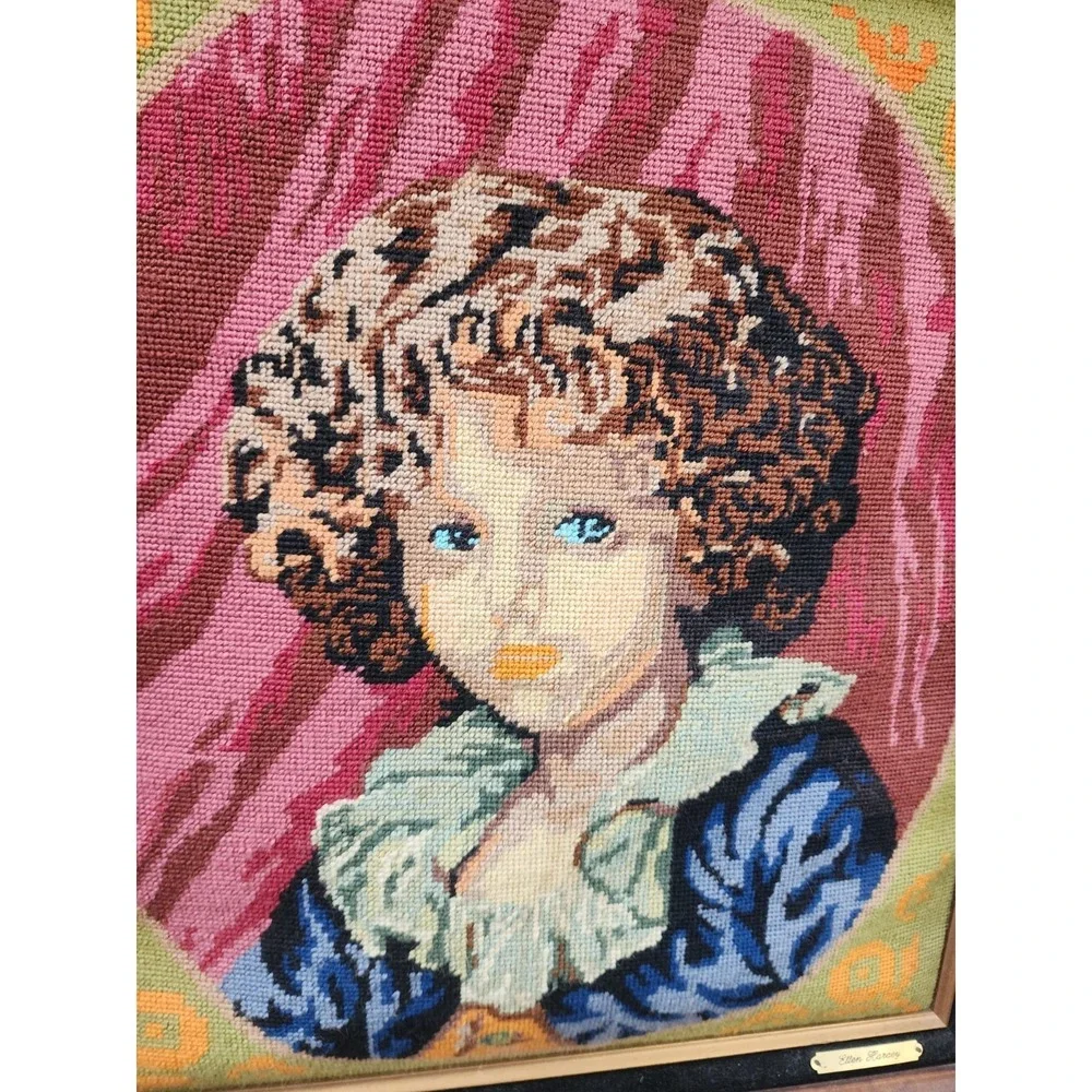 Vintage Antique RARE Framed Needlepoint Tapestry French Blue Eyed Child Large